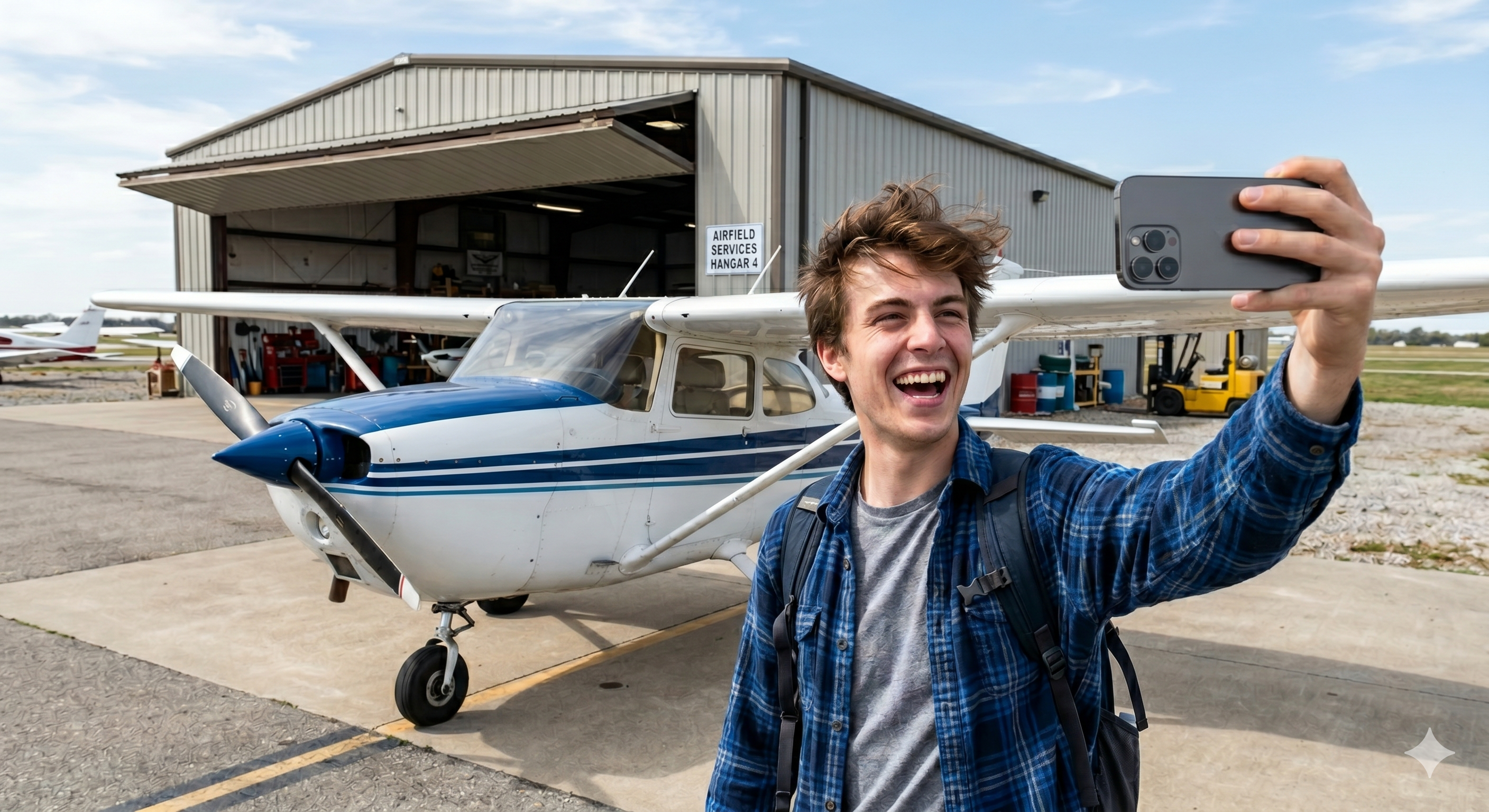 A young man taking a selfie infront of a 172