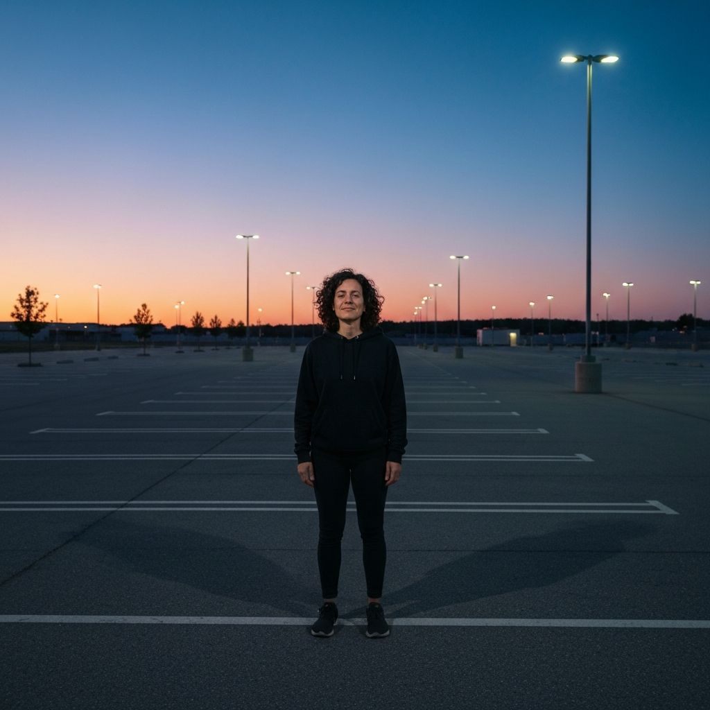 A person standing alone at dusk, looking up as a small plane crosses the sky